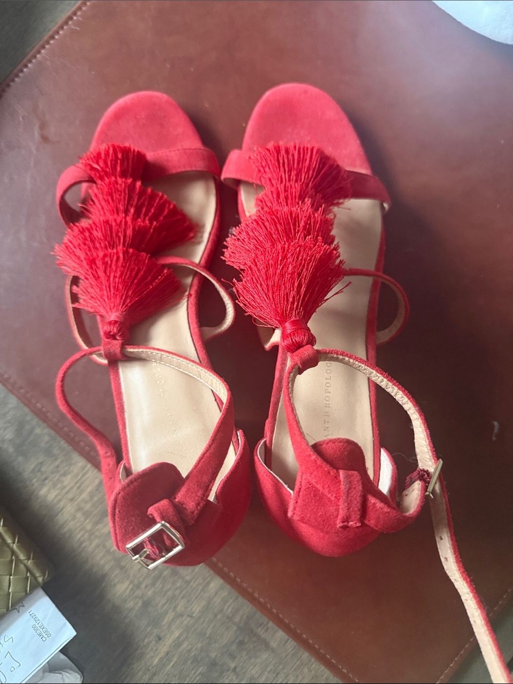 Anthropologie Red Tassel Suede Block Heel Sandals